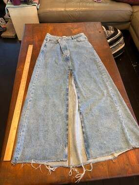 Zara Asymmetric Button Fly Denim Maxi Skirt with Front Slit and Raw Hem